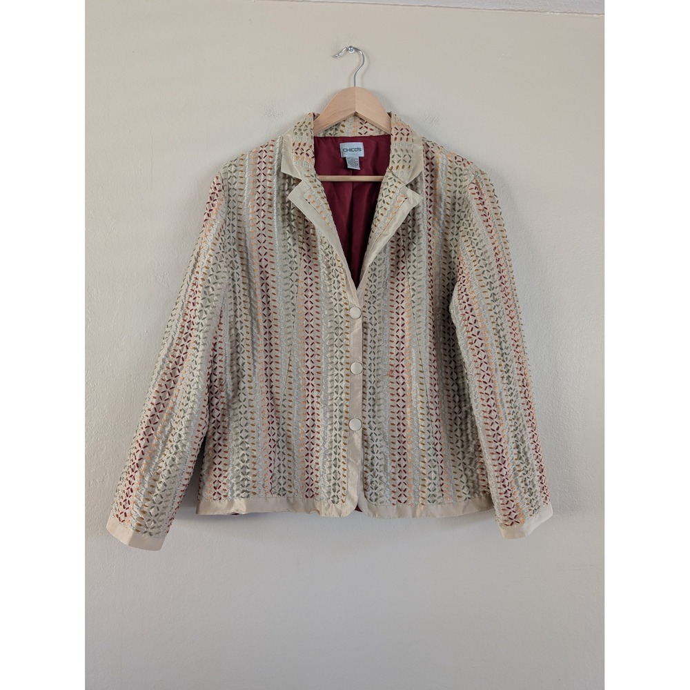Chico's Silk Embroidered Blazer Jacket Kantha Stitch Maximalist Art Chic Office